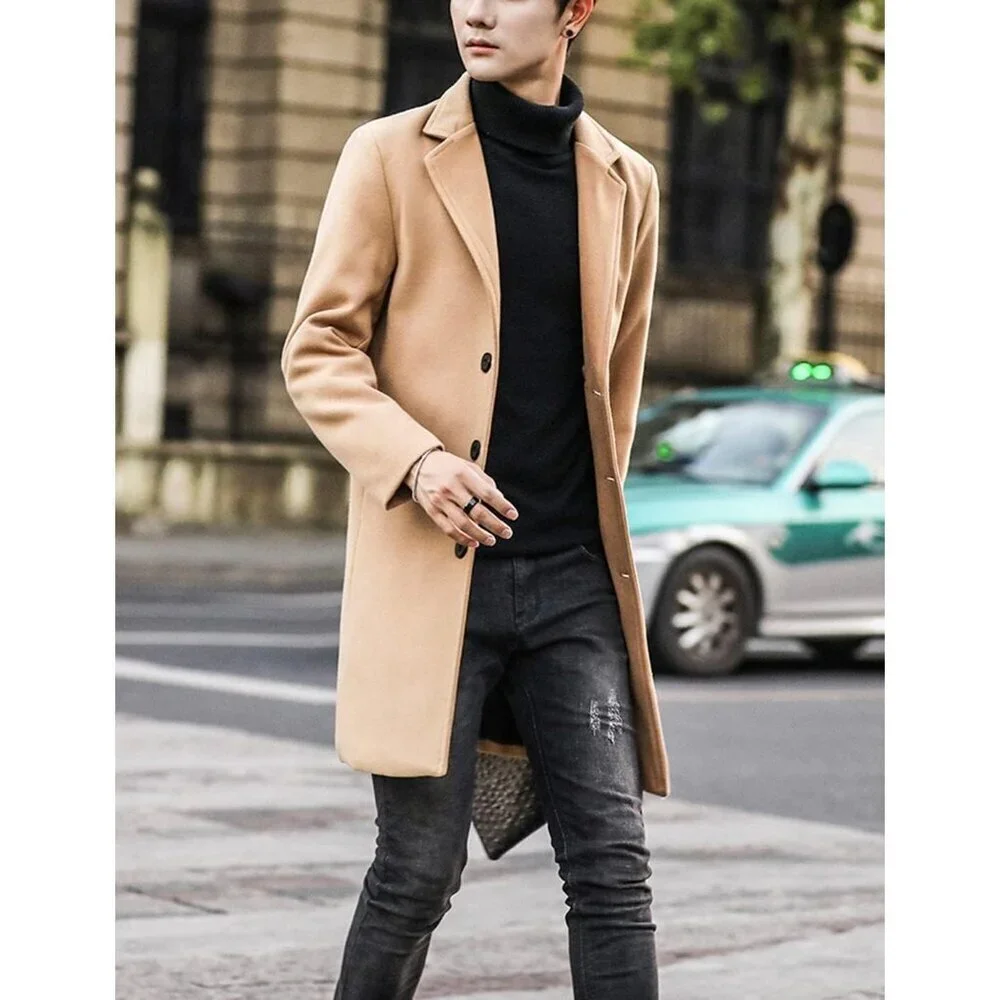 Men's Khaki Wool Blend Pea Coat Notched Collar Single Breasted Overcoat